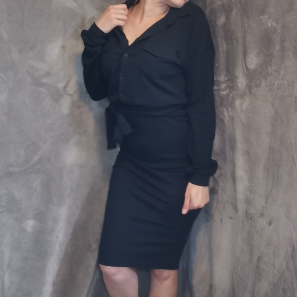 Revamped Black Button Up Long Sleeve Belted Dress - Picture 1 of 4
